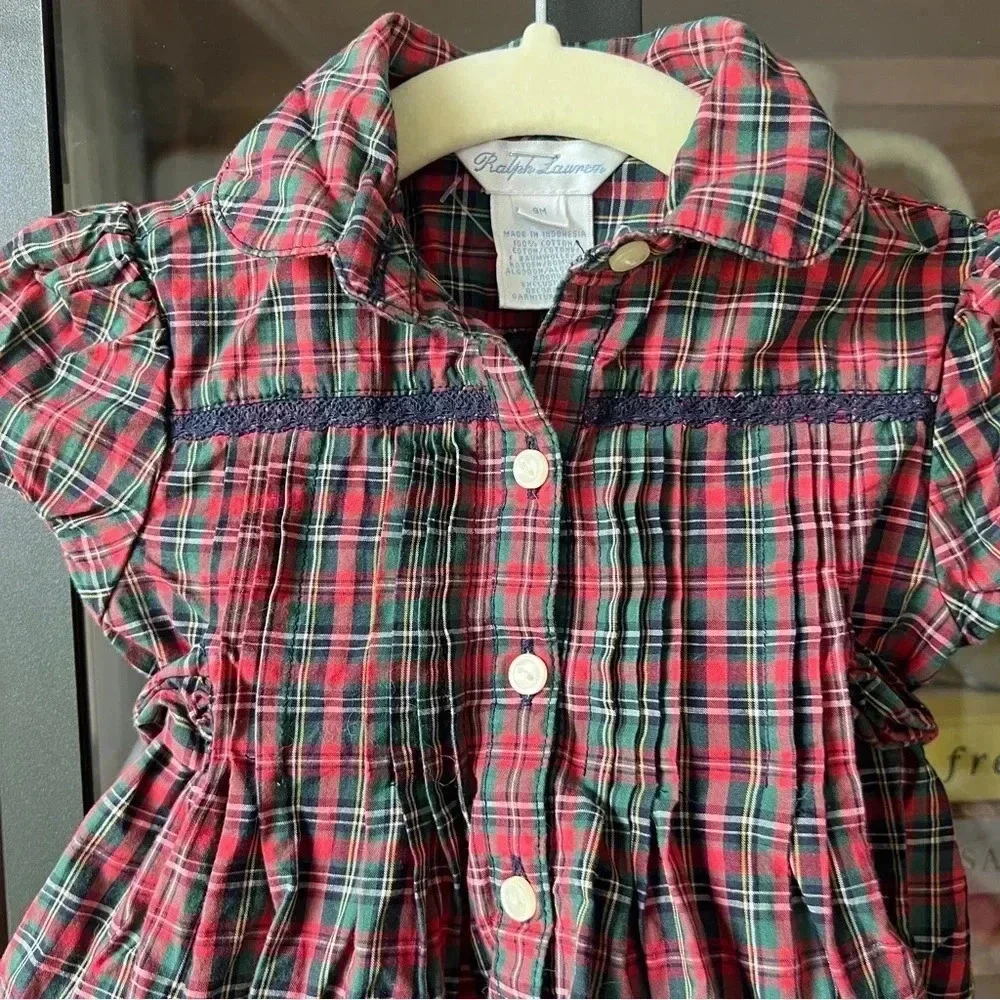 Ralph Lauren baby girl tartan plaid dress bow embroidered short sleeves holidays